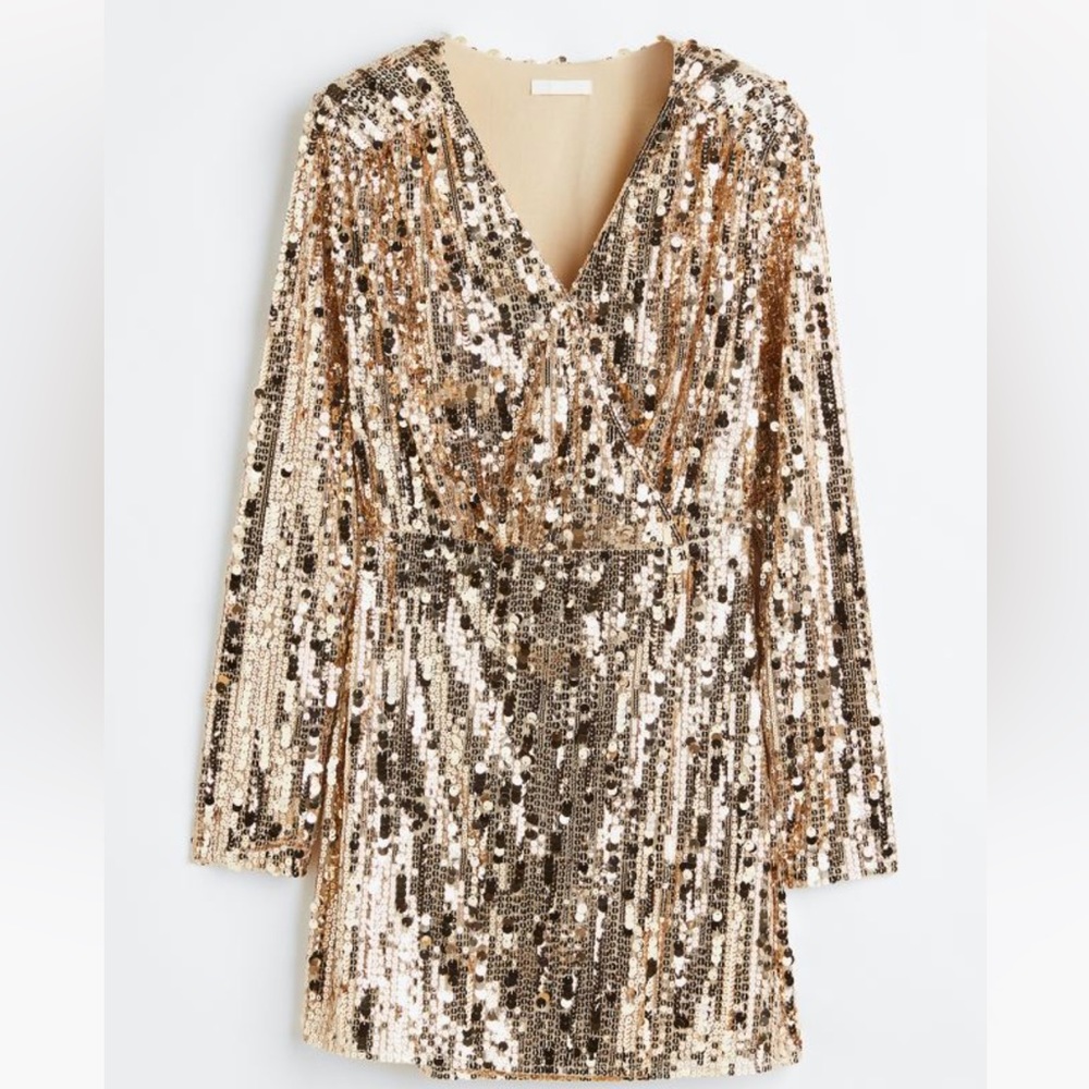 H&M- NWT, Gold Sequined Wrap Holiday Dress (L)